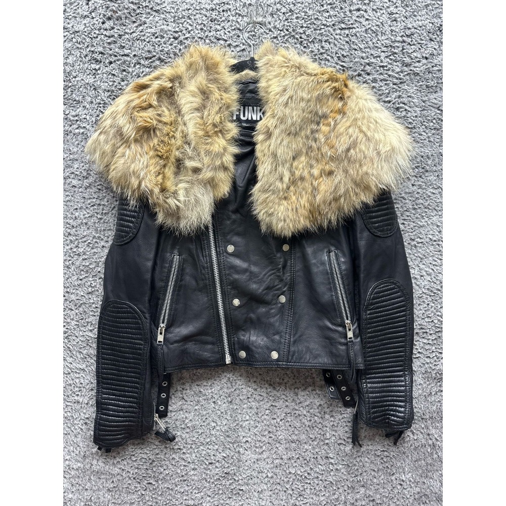 Efunk Faux Fur Collar Quilted Leather Moto Jacket Black Womens Size 2XL